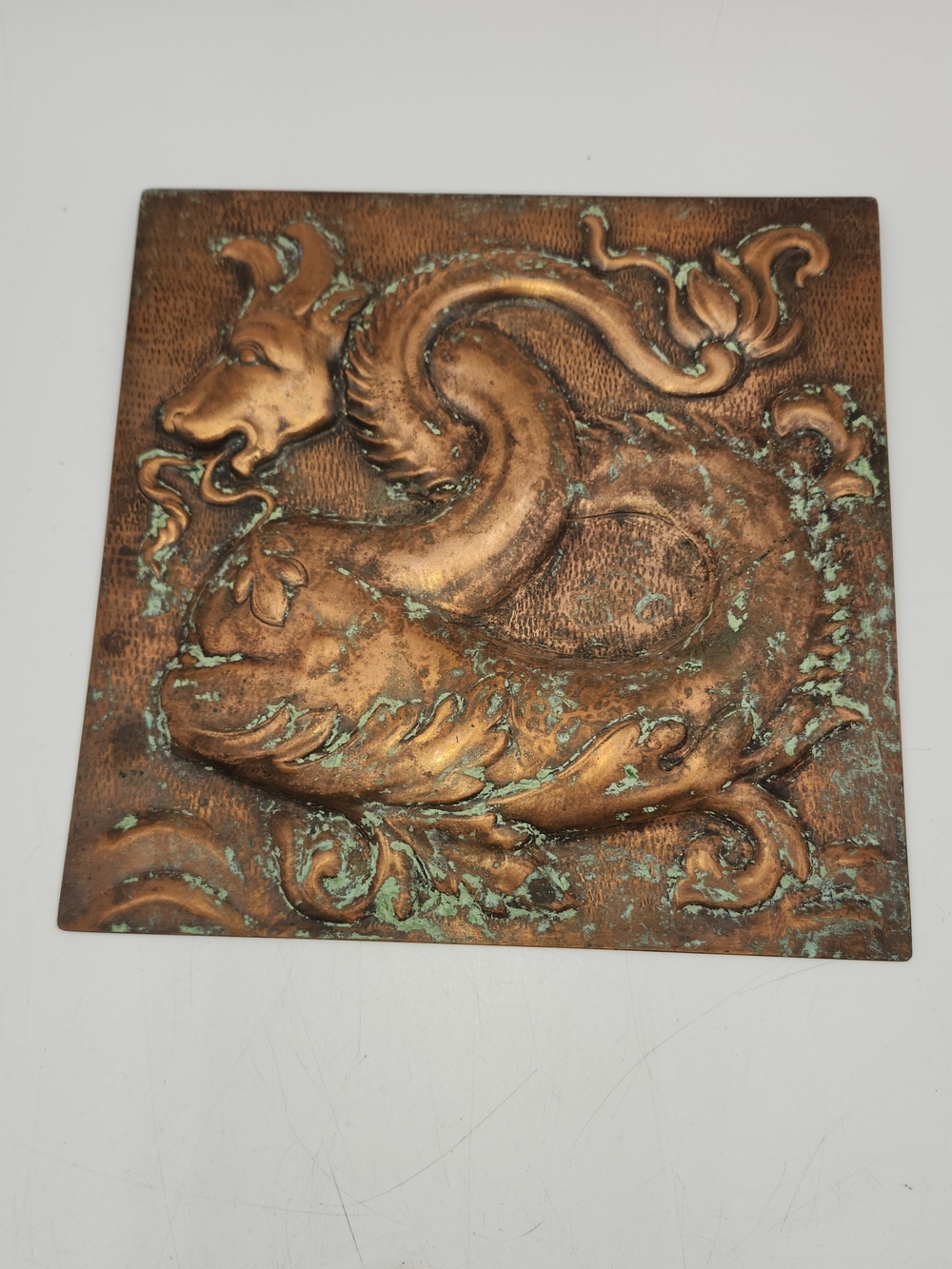 8.5" square copper plaque dragon relief Chinese wall art Repousse